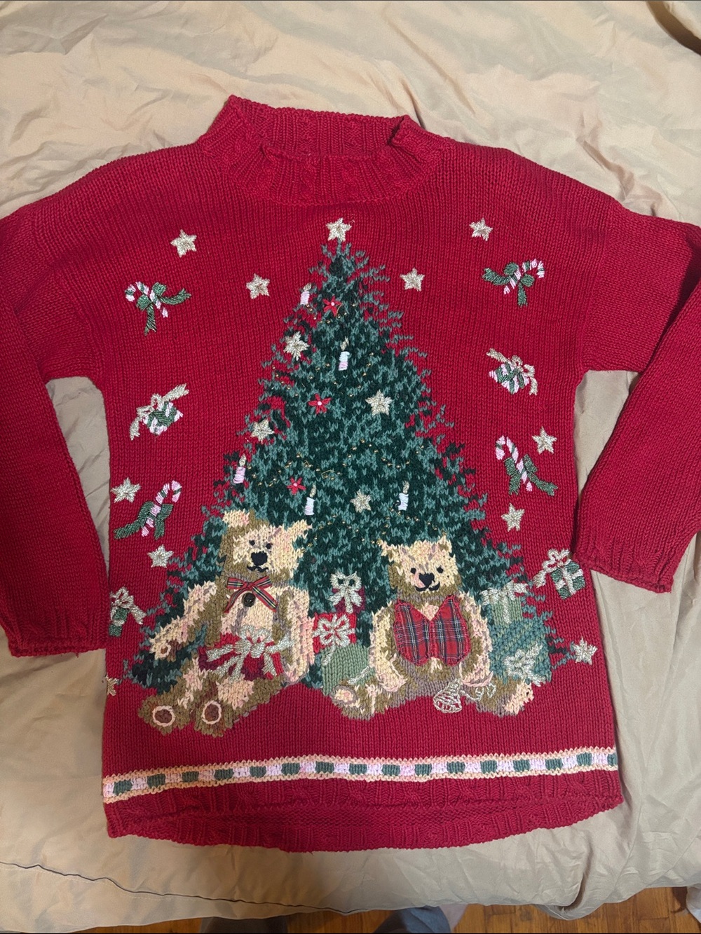 Vintage Red Holiday Knit Sweater with Festive Tree and Teddy Bears